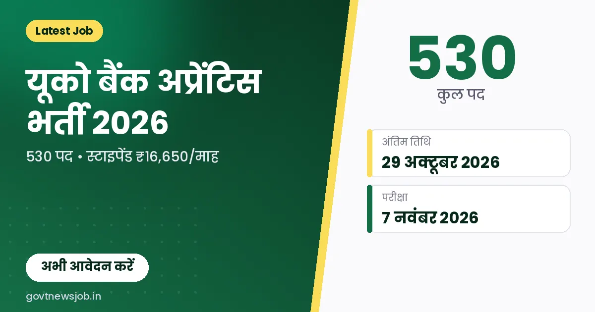 UCO Bank Apprentice Recruitment 2026 - यूको बैंक अप्रेंटिस 530 पद